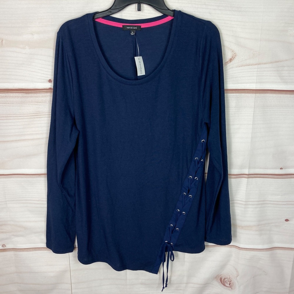 Verve Ami Top Womens XL Blue Lace Up Knit Scoop Neck Long Sleeve Solid T-Shirt